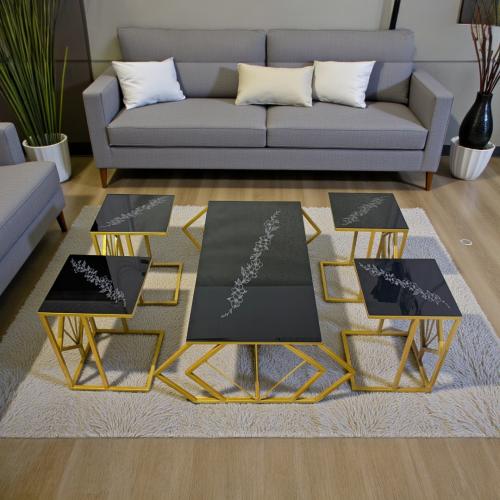 طقم طاولات قهوة مودرن 5 قطع مع نقش على شكل وردة