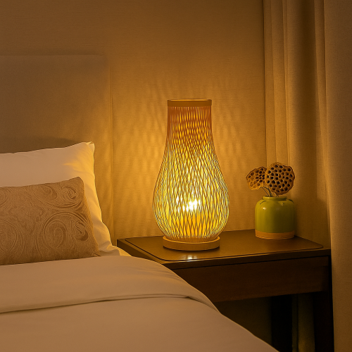 أباجورة طاولة بتصميم خشبي أنيق وإضاءة دافئة