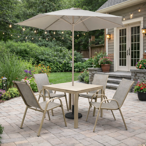 طاولة وكراسي حديقة مربعة مع 4 كراسي ومظلة