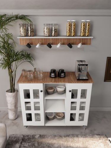 ركن كوفي كلاسيكي لون أبيض مع رف بني