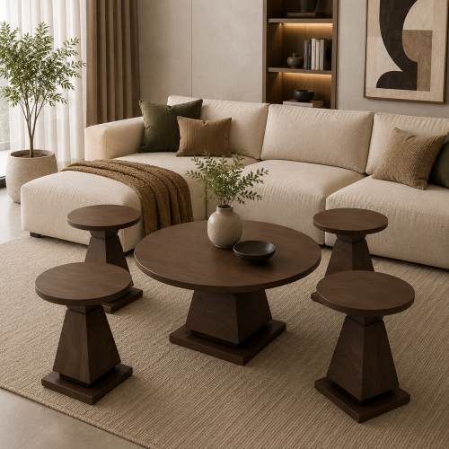 طقم طاولات قهوة مودرن – 5 قطع بتصميم هندسي أنيق