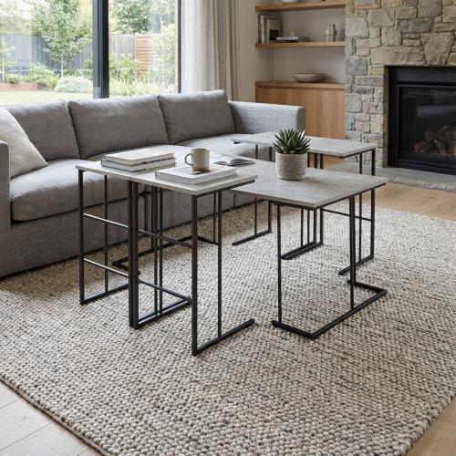 طقم طاولات قهوة خشب ماليزي رمادي فاتح