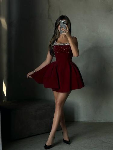 فستان سهره قصير عنابي