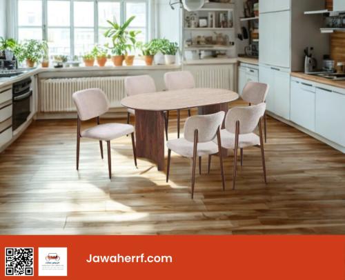 طاولة طعام سيراميك6 كرسي لون أبيض ولون بني مقاس (1...