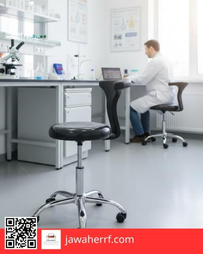 كرسي مختبر جلد أسود مع مسند ظهر