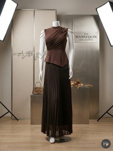 Dress with embroidery, shoulder, pleats