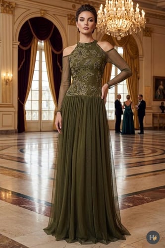Evening dress velvet with embroidered bodice