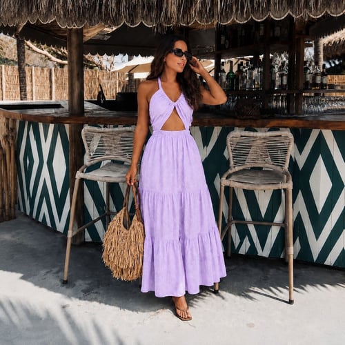 Lilac Boho Cut-Out Halter Midi Dress