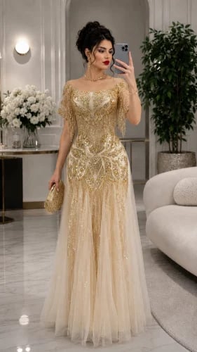 فستان سهرة تول أوف شولدر بتطريز خرزي وشراشيب متدلية