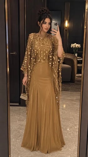 فستان سهرة لامع بكاب شبكي وترتر دائري