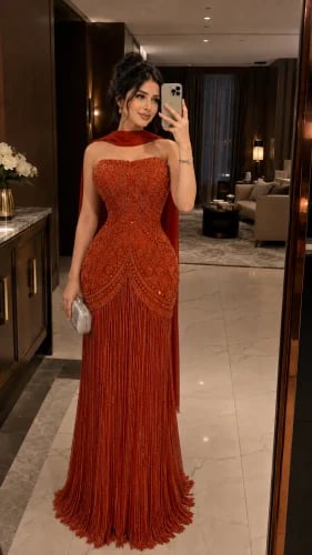 فستان سهرة بتطريز خرزي مع شال