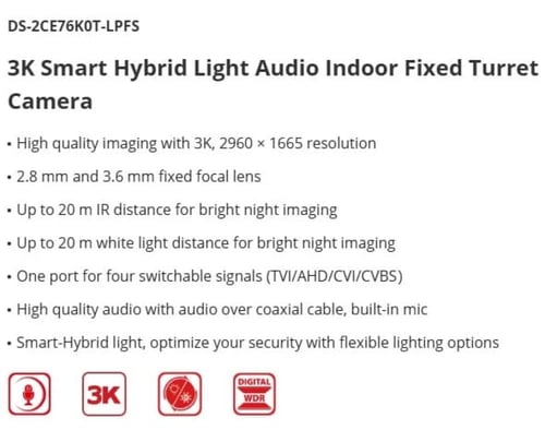 كاميرا تناظرية داخلية بؤرية ثابتة 3K