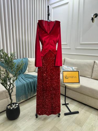 فستان سهرة احمر مخمل راقي