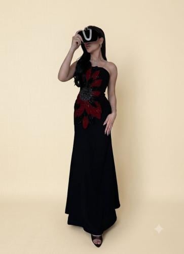 Black evening dress with three-dimensional red flower embroidery