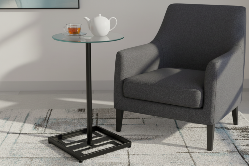 طاولة خدمه أسود قاعدة حديد أسود سطح زجاجي شفاف