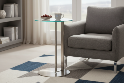 طاولة خدمه فضي قاعدة حديد فضي سطح زجاجي شفاف