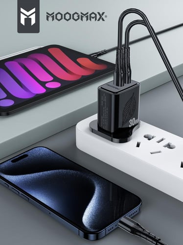 شاحن جداري ذكي بمنفذين منفذ ايفون ومنفذ تايب سي بق...