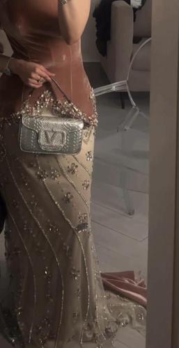 فستان سهره سكني كتف لوان بني تطريز يدوي انيق