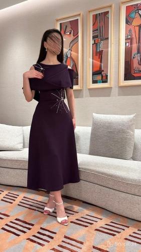 فستان موف تطريز خصر كتف انيق