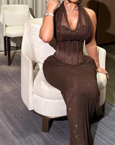 فستان سهره بني فصوص رزكون