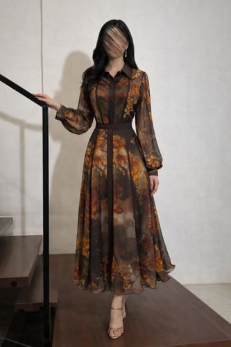 فستان سهرة شيفون بطباعة ورود وياقة كلاسيك