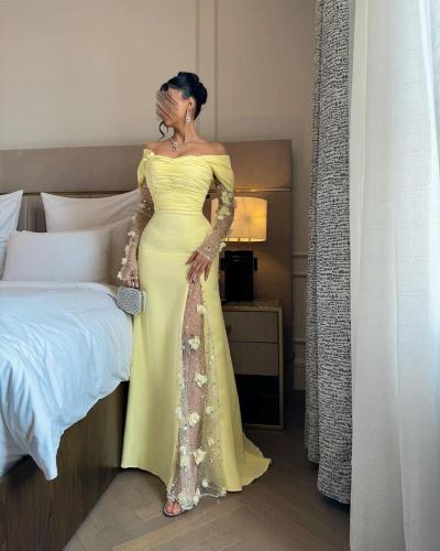 فستان سهرة ناعم ليموني بورود