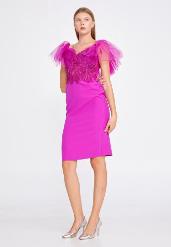 Short Sleeve Midi Tulle Column Regular Cocktail Dress JNM20-049
