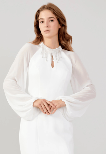 Long Sleeve Midi Crepe Column Regular Evening Dres...