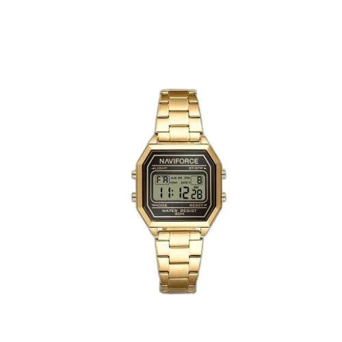 Digital wristwatch — with a linked metal bracelet and black screen