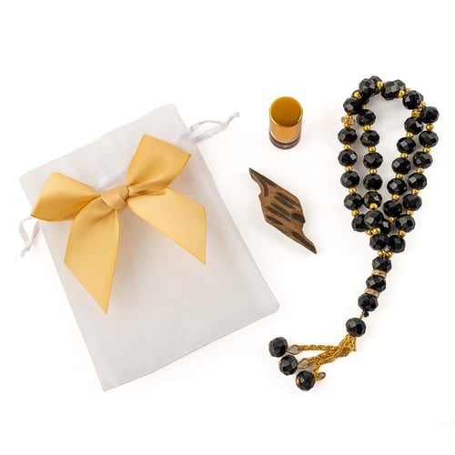 توزيعات عود ومسك مع سبحة فاخرة كريستال أسود