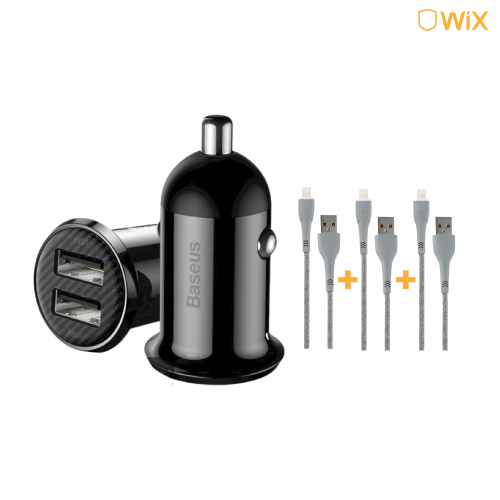 عرض شاحن سيارة بمنفذين يو اس بي + 3 كيابل ايفون