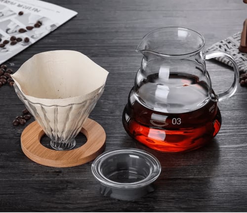 قمع V60 زجاجي بقاعده خشبيه