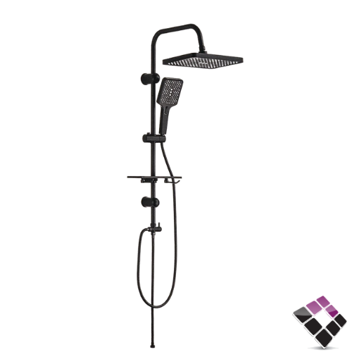 MATELDA Italian shower set black color column + square rain shower head with hose and speaker number 0080B