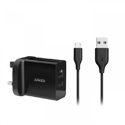 شاحن جداري انكر 24 واط بمنفذين USB للشحن مع سلك شح...