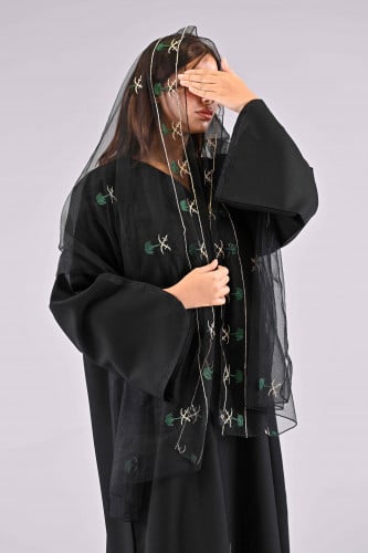 طرحة تل بتطريز ذهبي على أخضر سيفين ونخلة