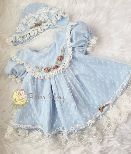 فستان مع قبعة سماوي دانتيل