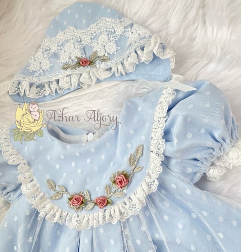 فستان مع قبعة سماوي دانتيل