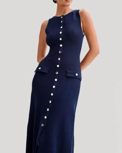 Elegant Ribbed Button-Down Knit Maxi Dress - Dark...