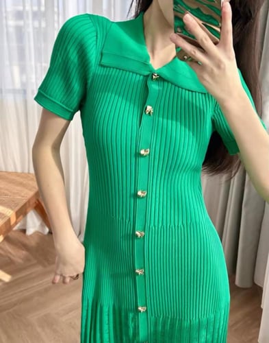 Green Ribbed Button-Down Dress