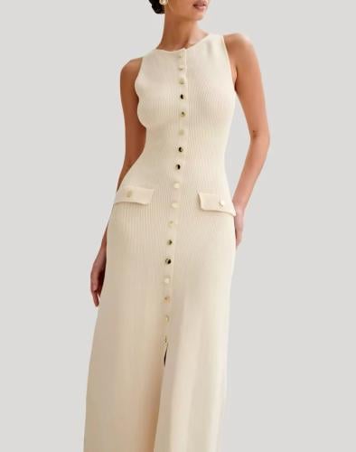Elegant Ribbed Button-Down Knit Maxi Dress - Cream...