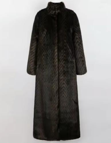 long coat with chevron-patterned faux fur