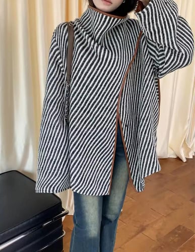 oversized wool jacket with bold stripes and brown...