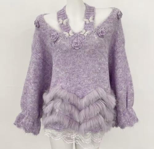 Lilac knit with rose + fur accents.