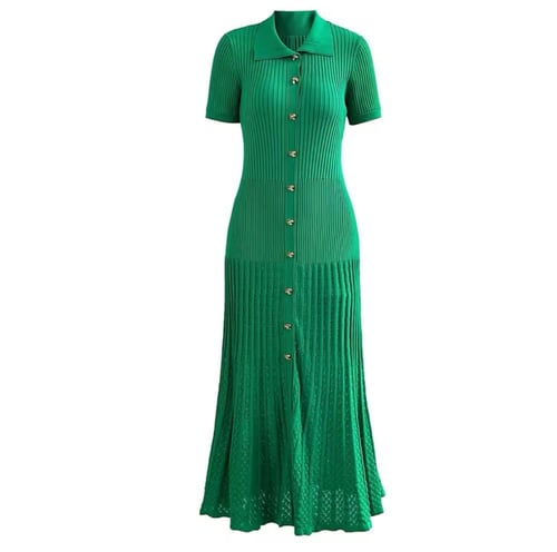 Green Ribbed Button-Down Dress