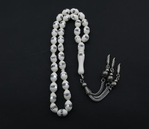 سبحه عظم ازرق وفضي خرز كبير