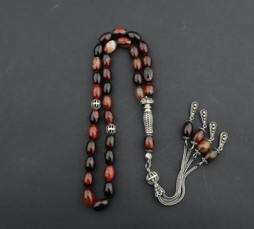 سبحة عقيق كبدي ملون بيضاوي