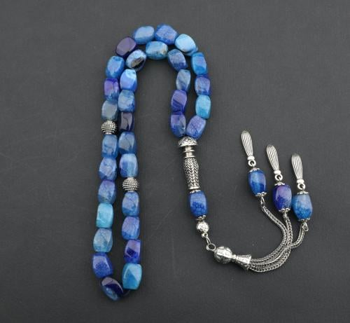 سبحة عقيق يوناني أزرق نقش