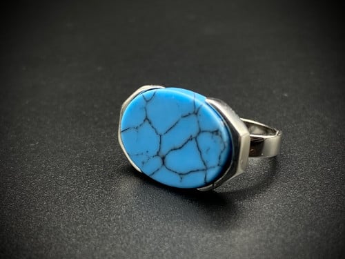 خاتم فضه فكين فيروزي معرق عيار 925