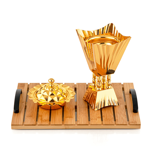 طقم البخور الذهبي الراقي بصينية خشب