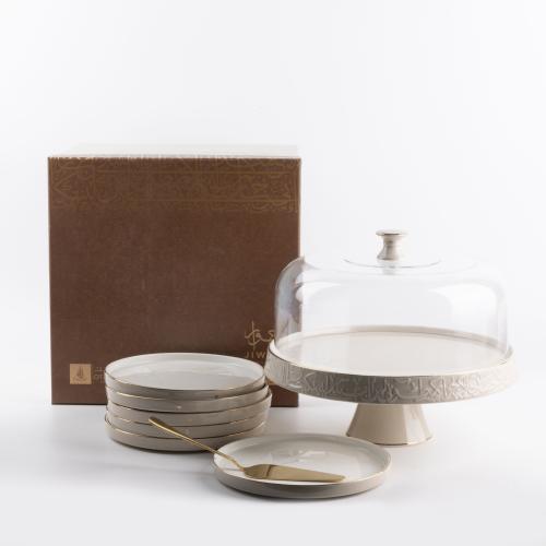 طقم تقديم الكيك 9 قطع من مجموعة جوار - بيج وذهبي